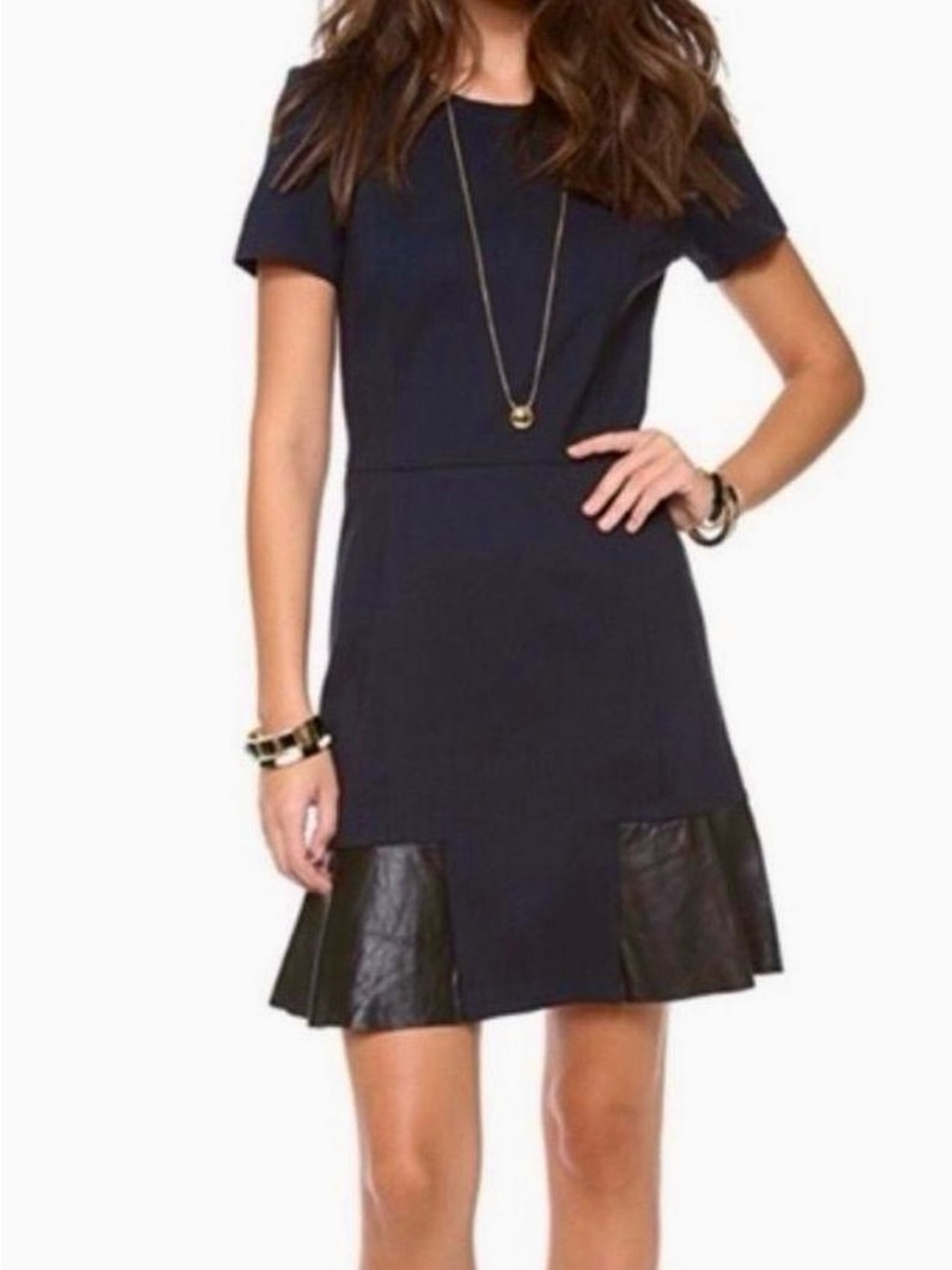 CLUB MONACO Black Short-Sleeve Mini Dress with Leather Trim